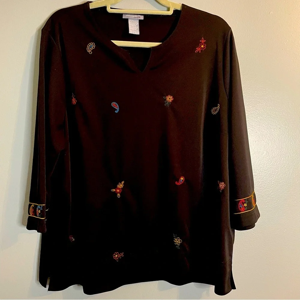 PIERRE CARDIN OPTIONS II Black Embroidered 3/4 Sleeve Pullover Blouse/Tunic S/1X - Picture 1 of 9